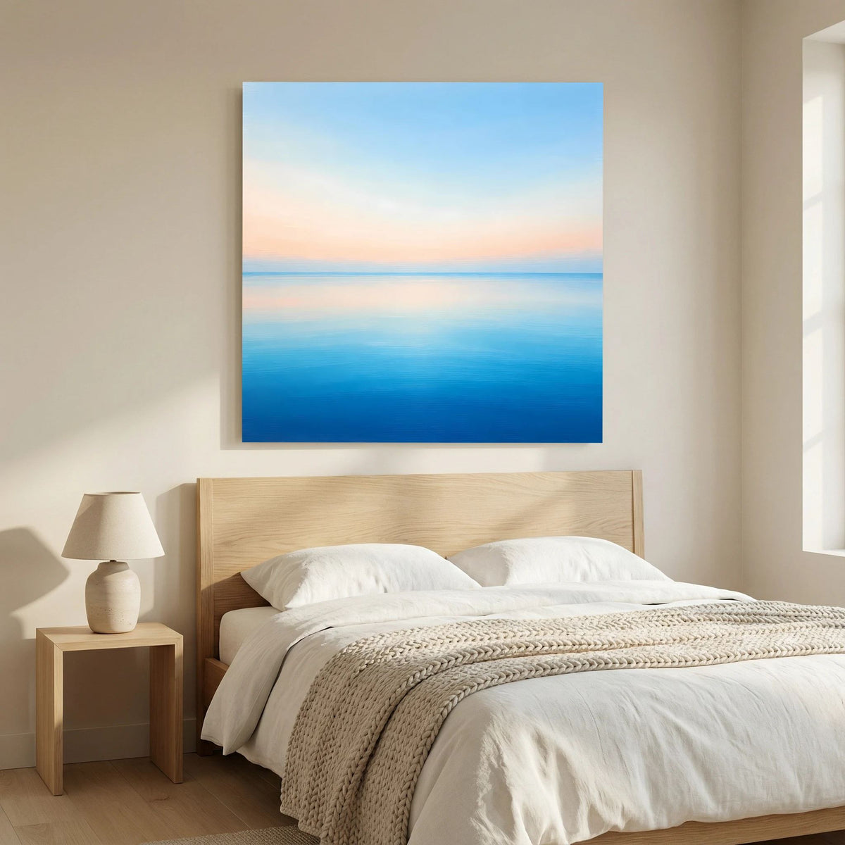 Quadratisches Leinwandbild mit ruhigem Meer und Pastellsonnenaufgang in Blau und Orange