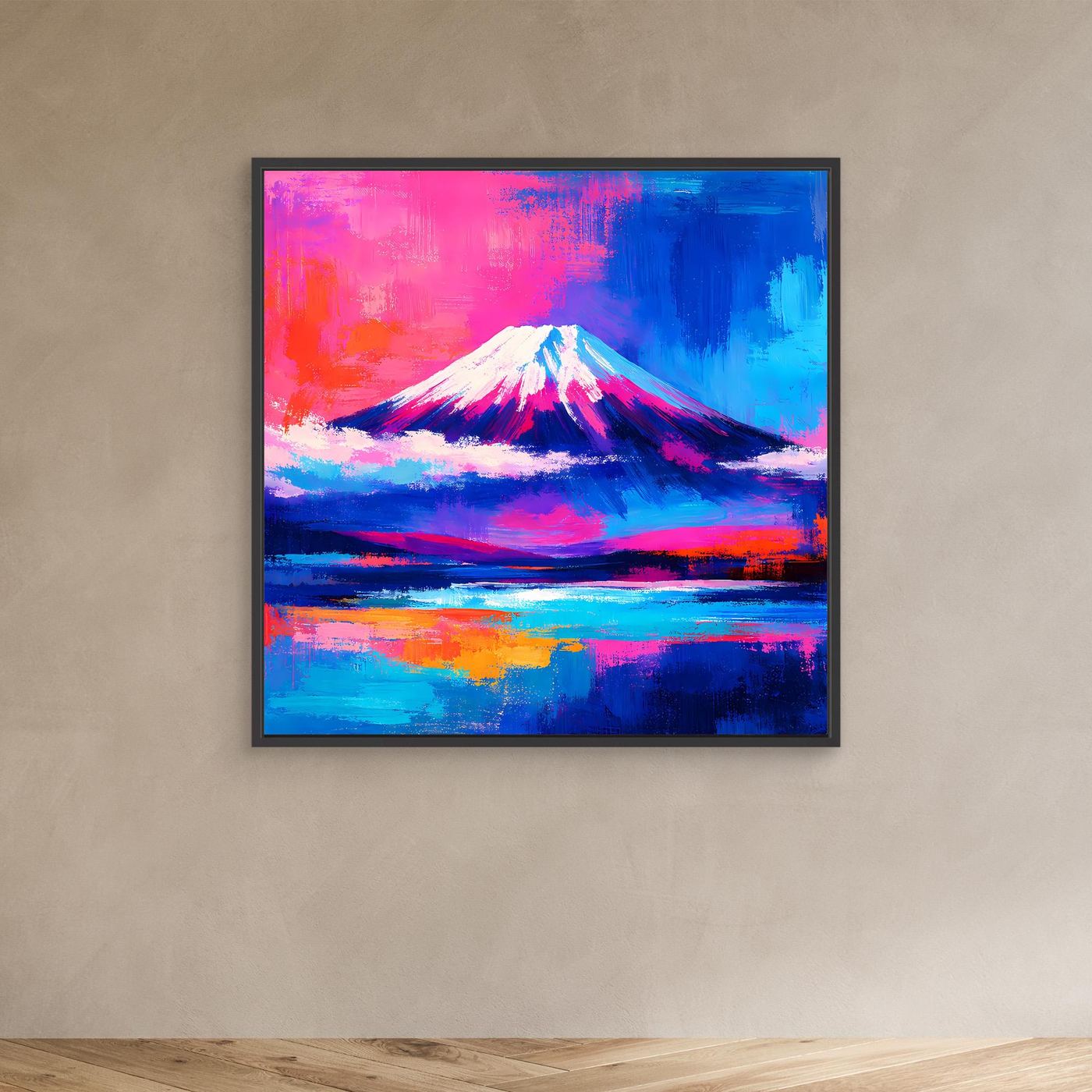 Leinwandbild Abstrakter Fuji bei Sonnenuntergang | Farbenfrohes Berg Wandbild auf echtem Holzkeilrahmen
