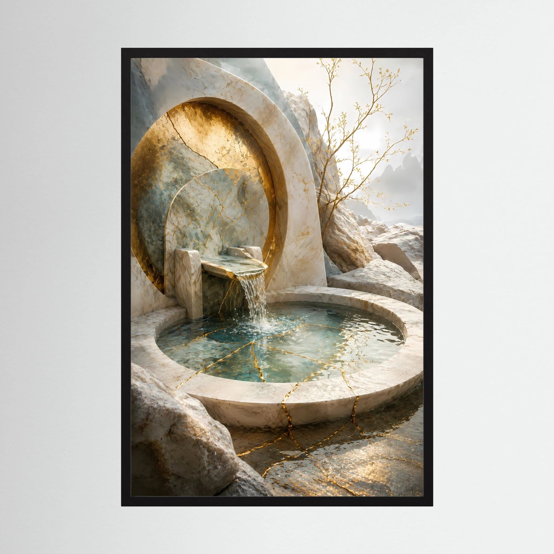 Hochformat-Poster mit Brunnen in Stein und goldener Felsöffnung, türkisfarbenes Wasser