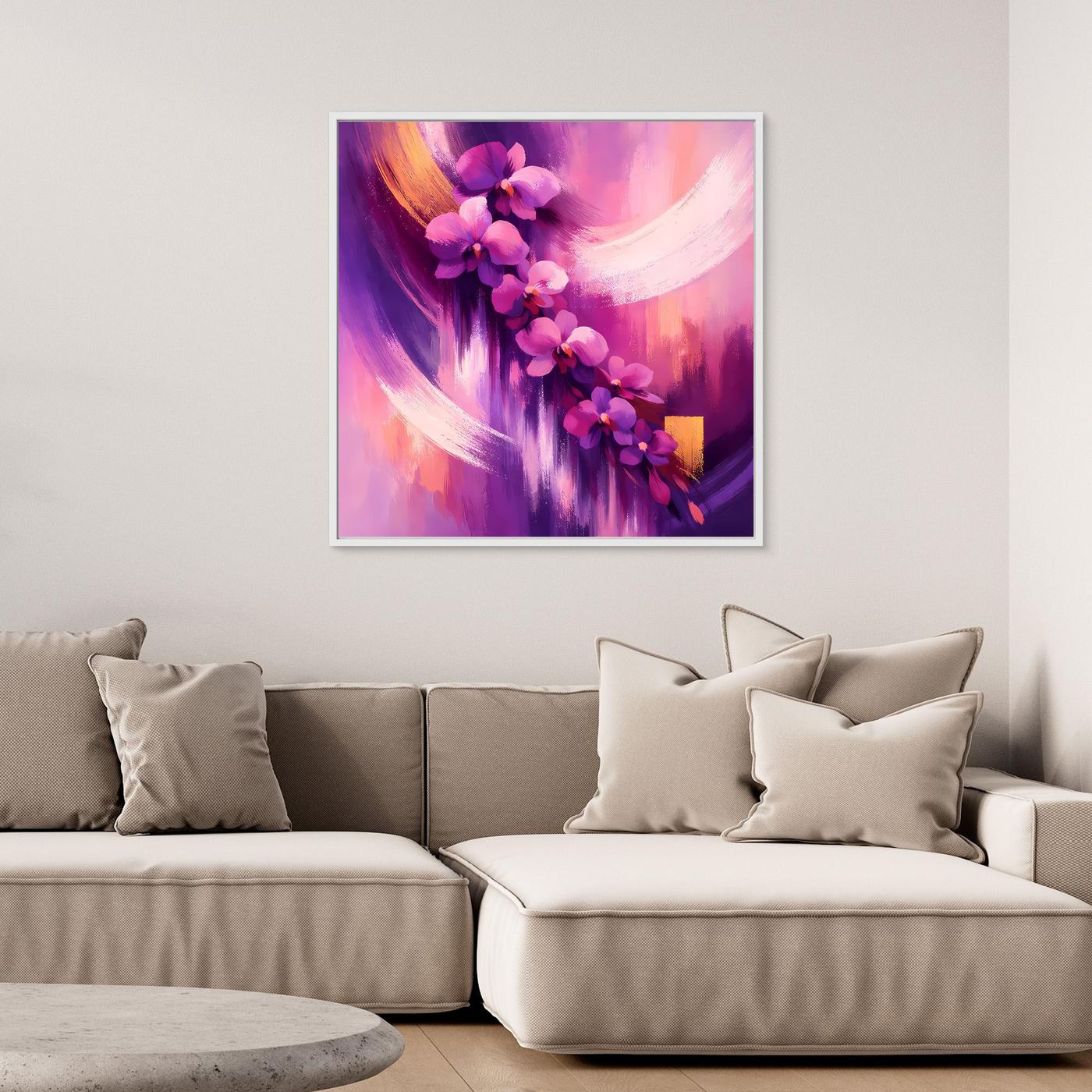 Abstraktes Orchideen-Leinwandbild in Lila und Pink, mit hellem Rand