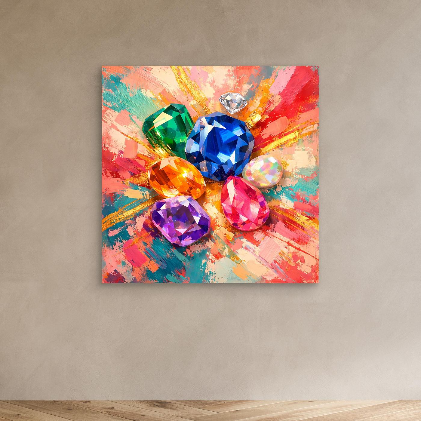 Quadratisches Leinwandbild mit bunten Edelstein-Kristallen, abstrakte Farbstriche, ungerahmt
