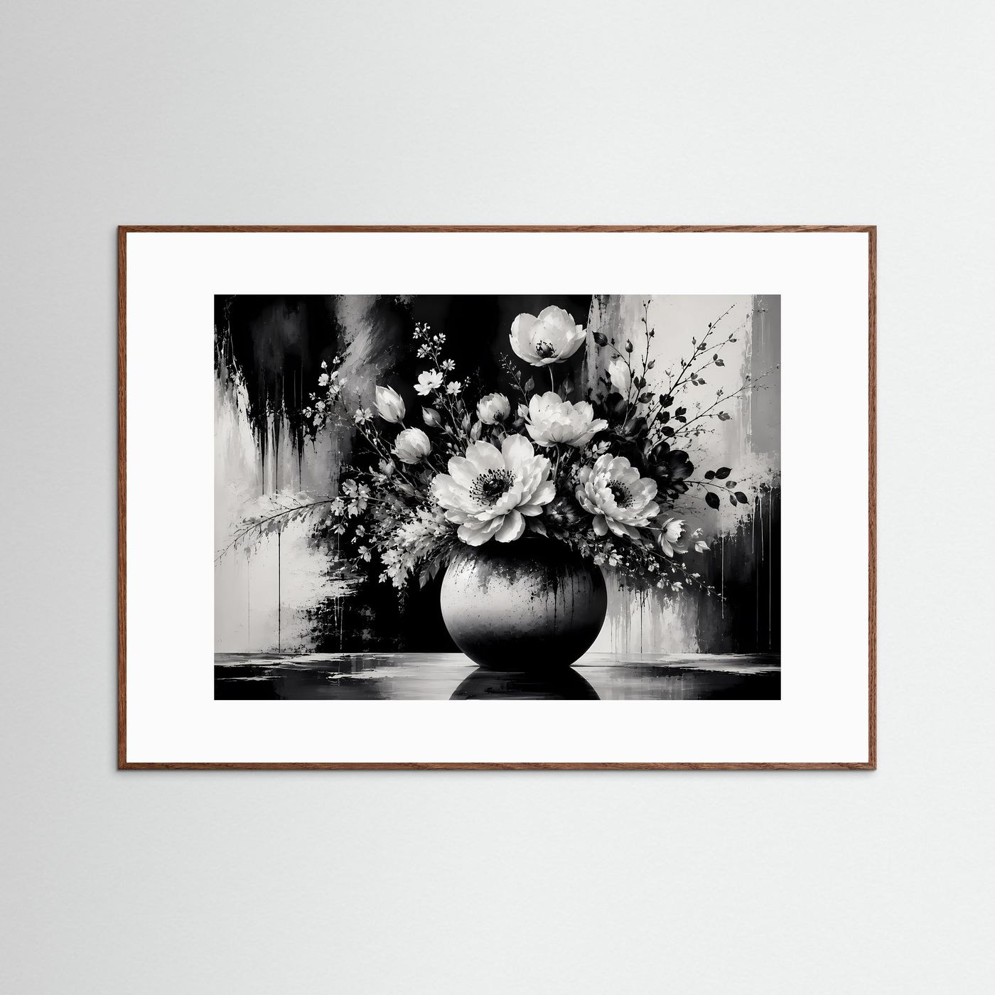 Schwarz Weiß Blumen Poster | Eleganter Blumenstrauß in Vase | Moderne Florale Wandkunst | Monochromes Wandbild