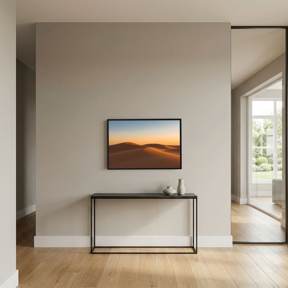 Wüstenlandschaft-Poster im Abendlicht, schwarz gerahmt