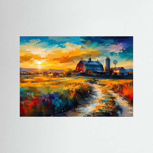 Kunstdruck mit Bauernhof-Landschaft im Sonnenuntergang, Querformat