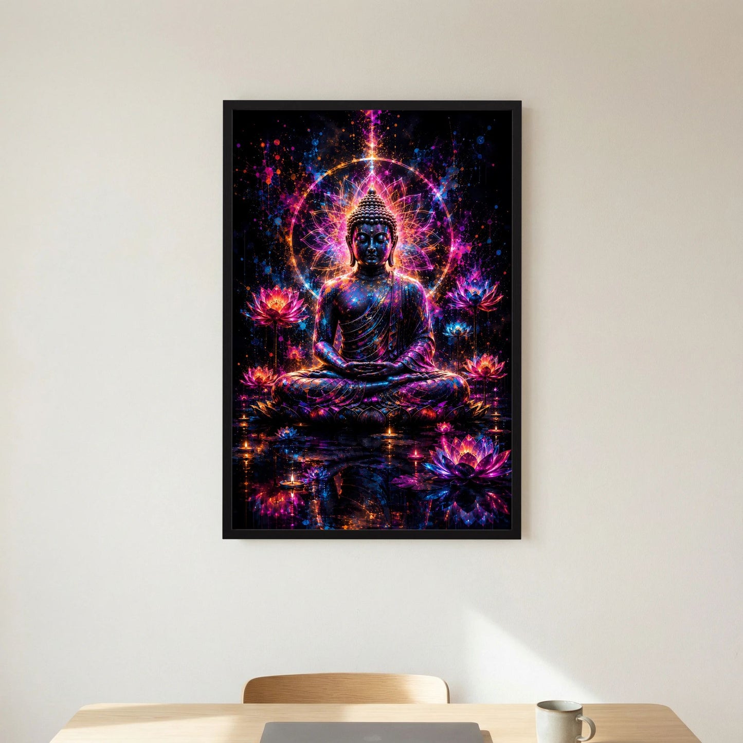 Poster im schwarzen Rahmen: Buddha im Lotussitz, Neonfarben mit funkelndem Sternenstaub