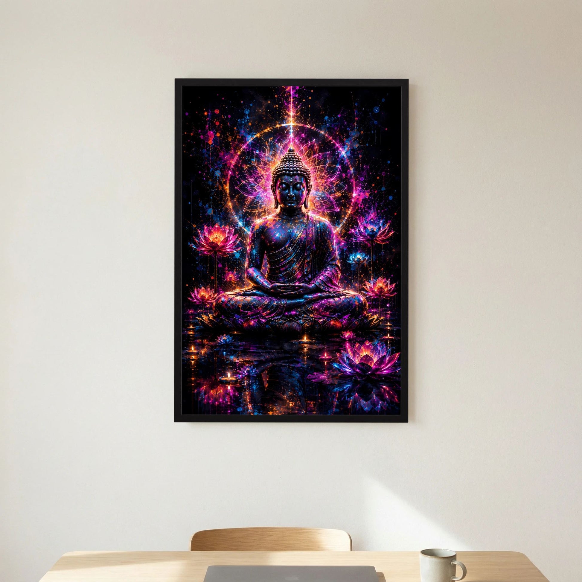 Poster im schwarzen Rahmen: Buddha im Lotussitz, Neonfarben mit funkelndem Sternenstaub