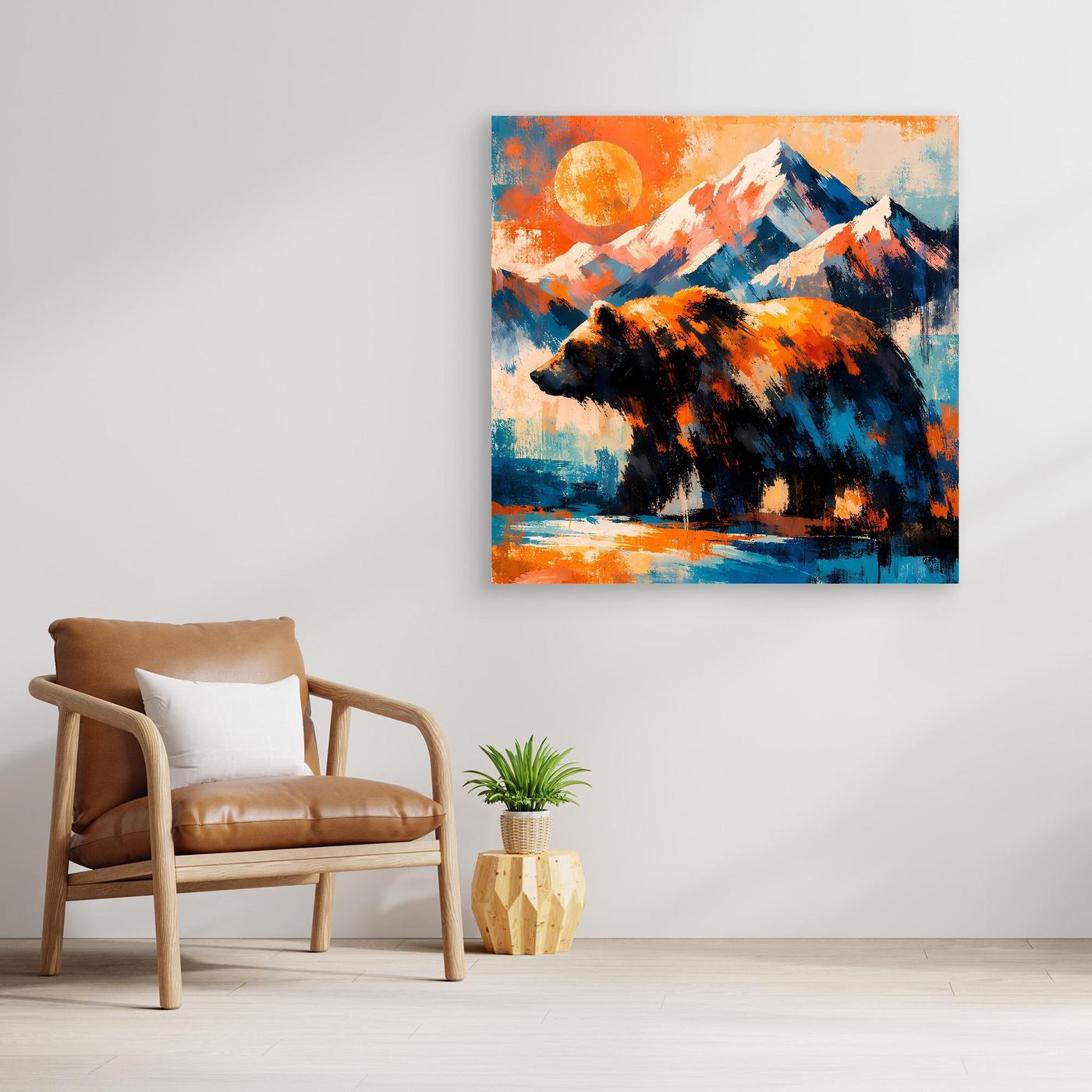 Gerahmtes Leinwandbild mit abstraktem Grizzlybär und Bergkulisse in Orange und Blau.