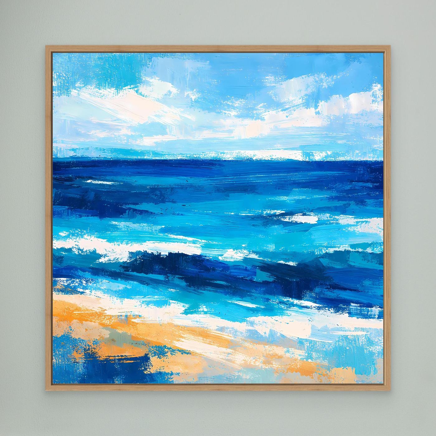 Abstract ocean canvas wall art in oak frame with blue waves and sandy shoreline