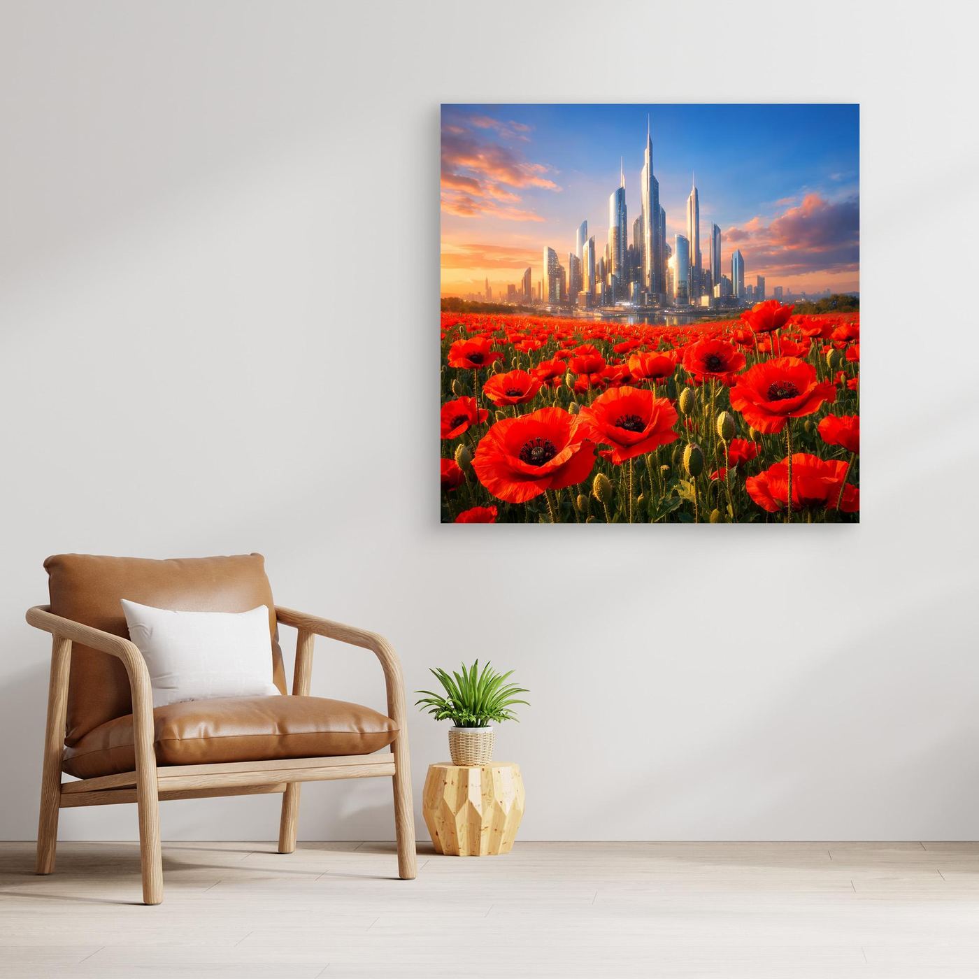 Gerahmtes Leinwandbild, Blick auf rotes Mohnfeld mit futuristischer Skyline vor Abendhimmel