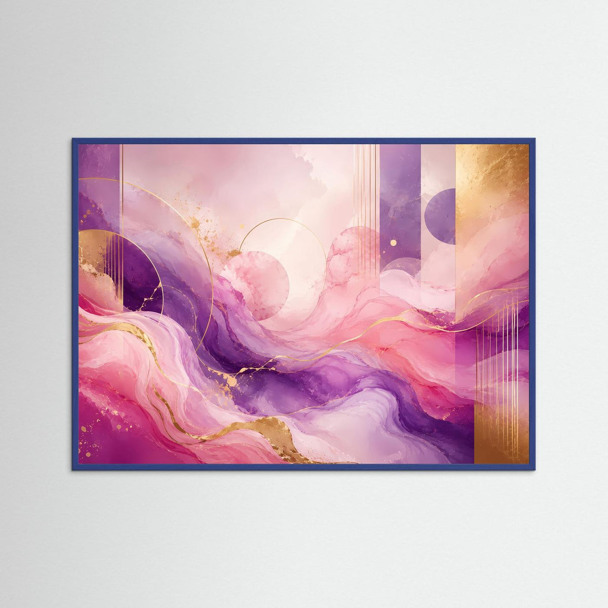 Gerahmtes Poster im Querformat: abstrakte Wellen in Rosa und Violett mit goldenen Details