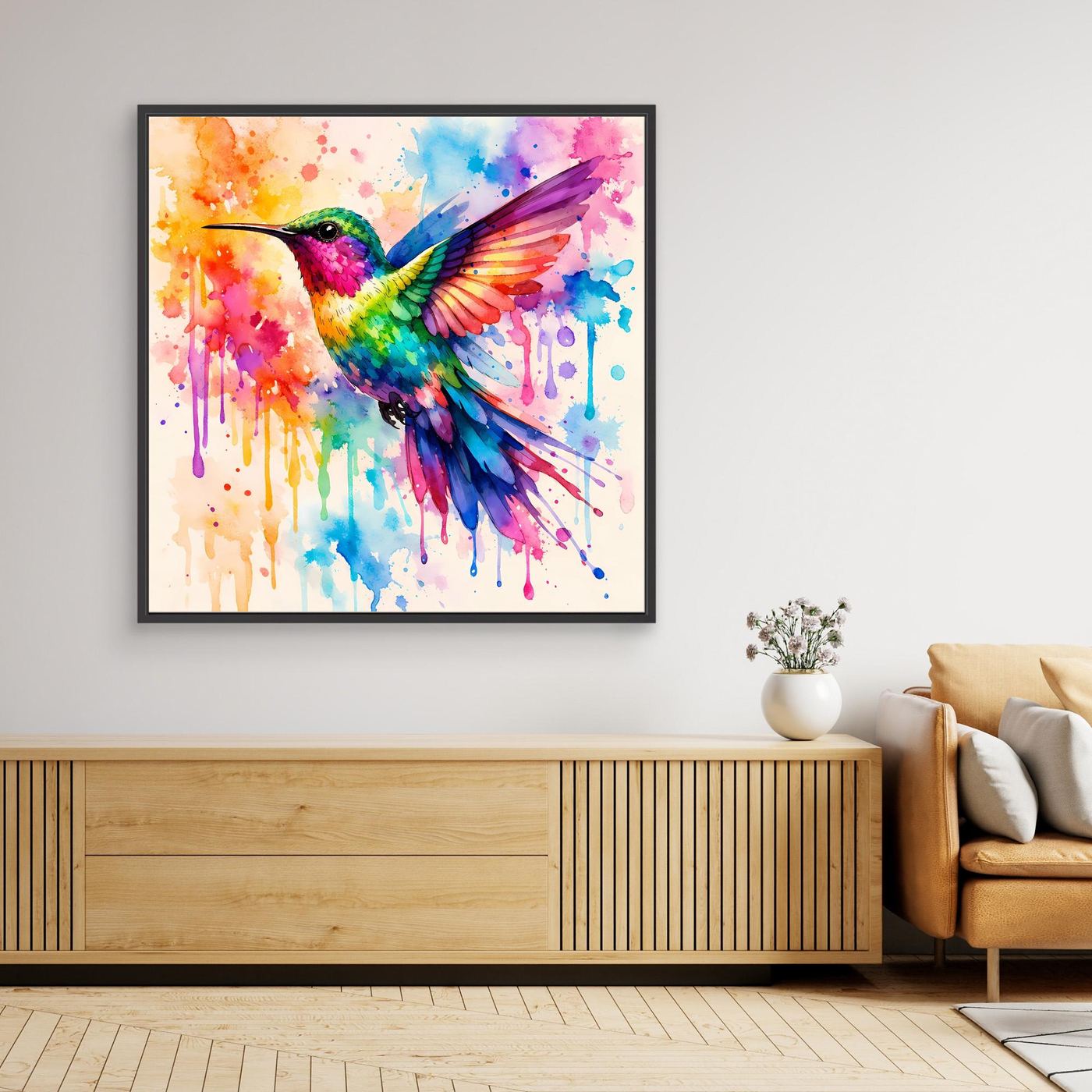 Leinwandbild mit buntem Kolibri-Aquarell, schwarzer Bilderrahmen.