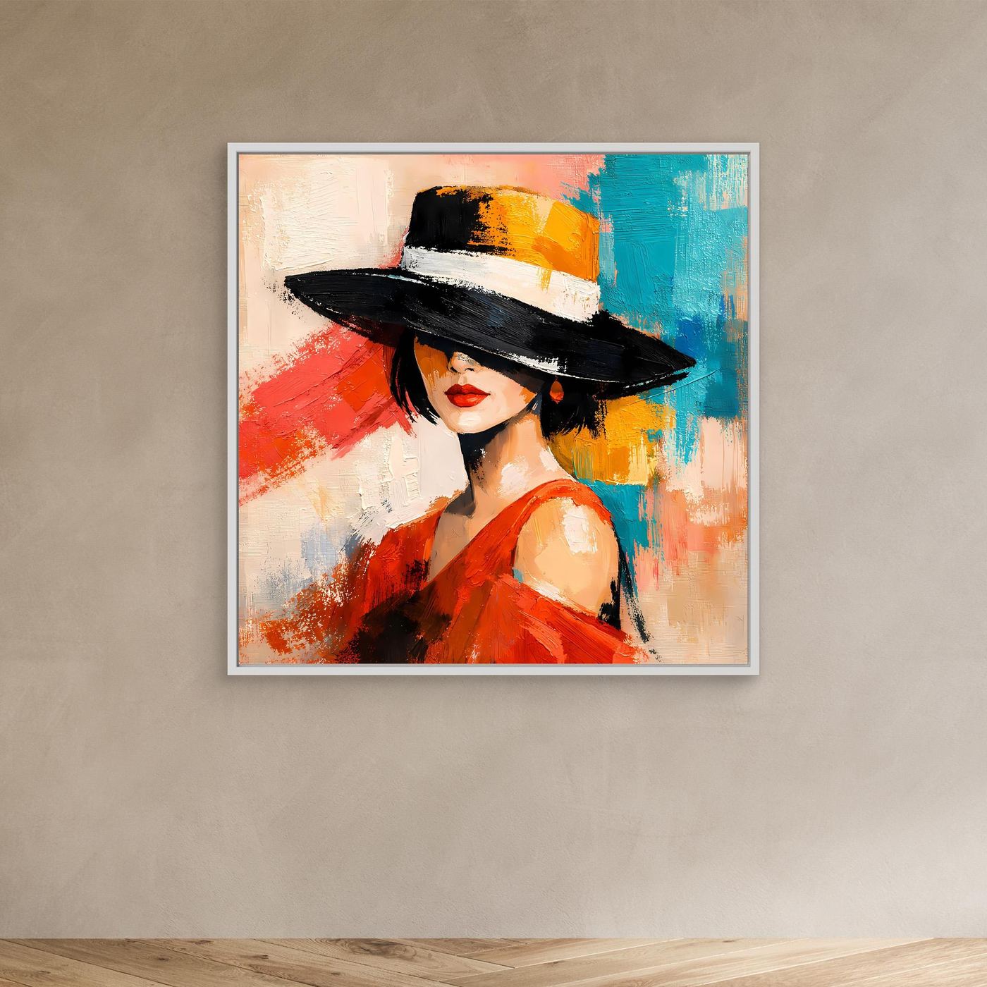 Gray-framed canvas wall art of a woman in a red dress and black hat with abstract brushwork