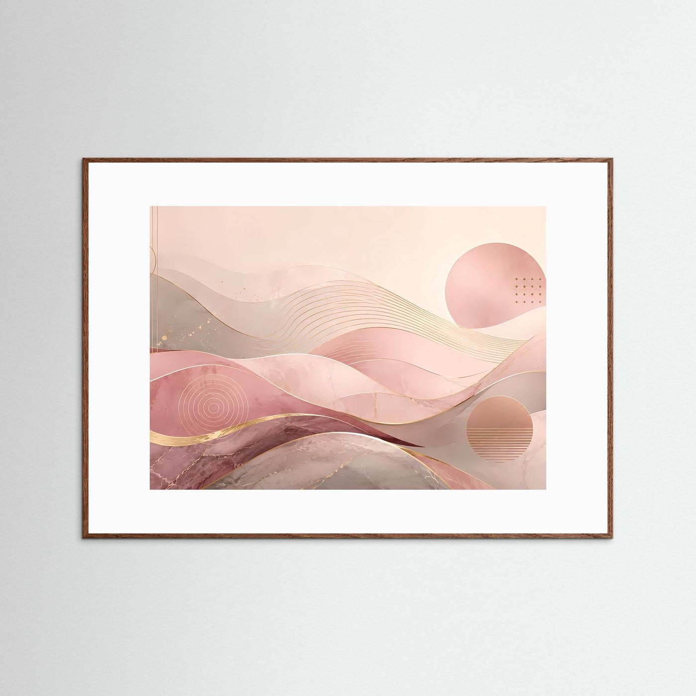 Abstraktes Wellen-Poster mit rosa und goldfarbenen Wellen im braunen Holzrahmen