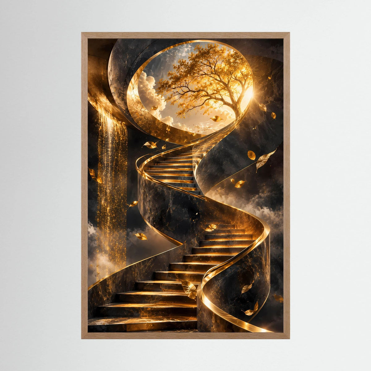 Hochformatiges Kunstposter im hellen Holzrahmen mit goldener Wendeltreppe