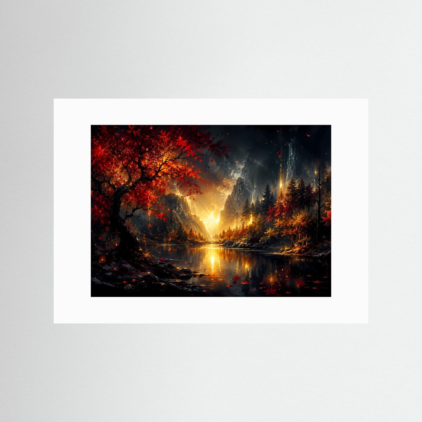 Magischer Herbstwald mit Wasserfall | Goldene Landschaft in Rot & Schwarz
