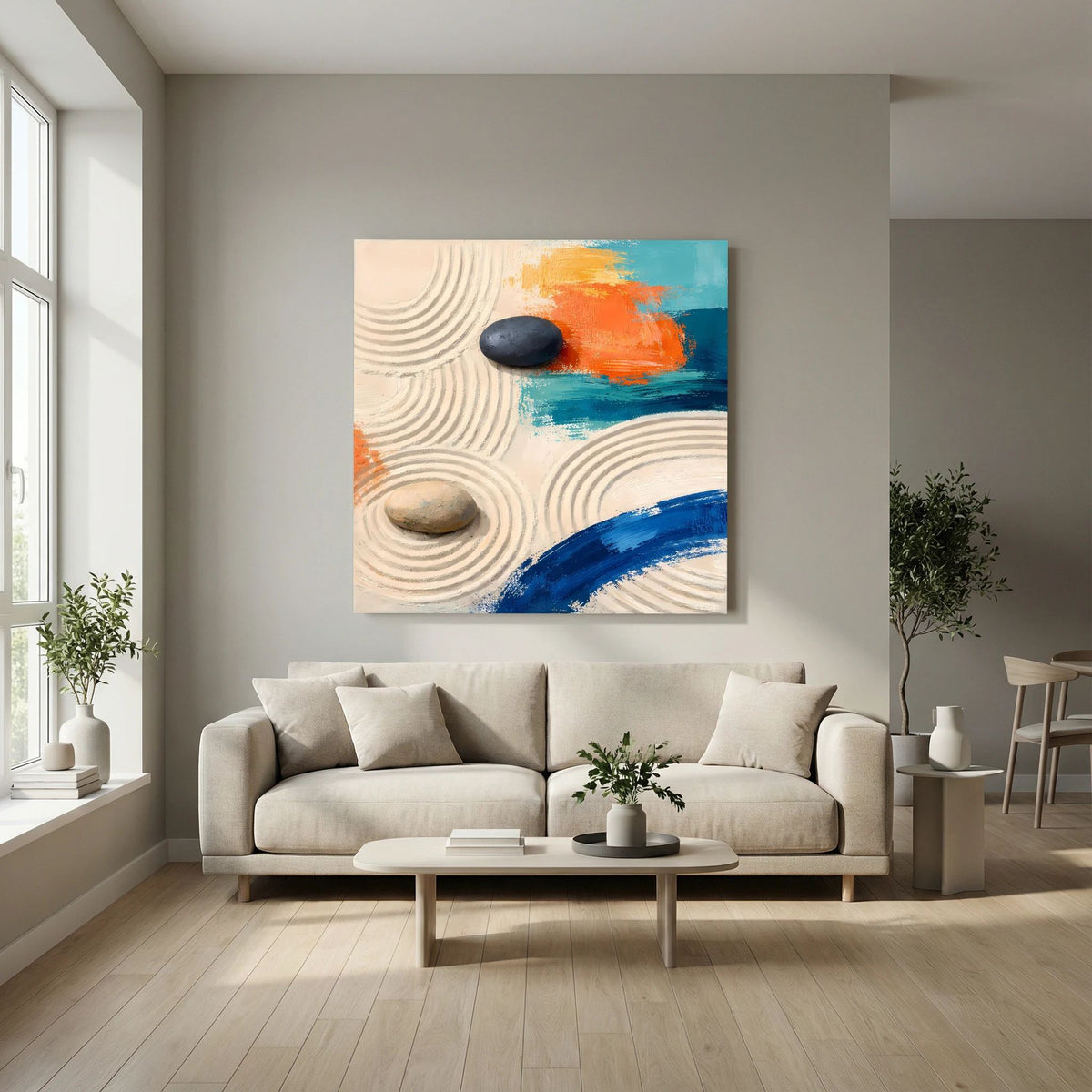 Abstraktes Leinwandbild mit Sandlinien, zwei Steinen und orange-blauen Farbflecken