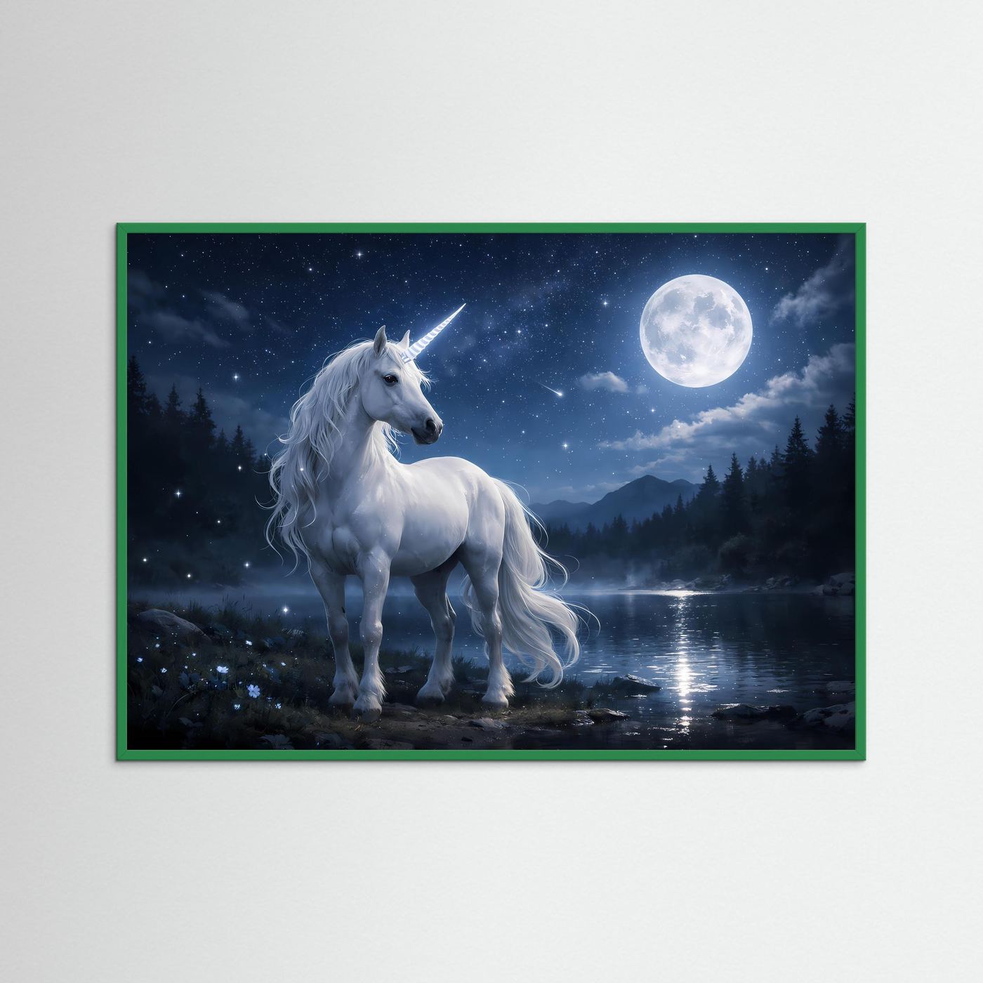 Einhorn-Poster im Mondschein mit grünem Rahmen: weißes Einhorn, quer