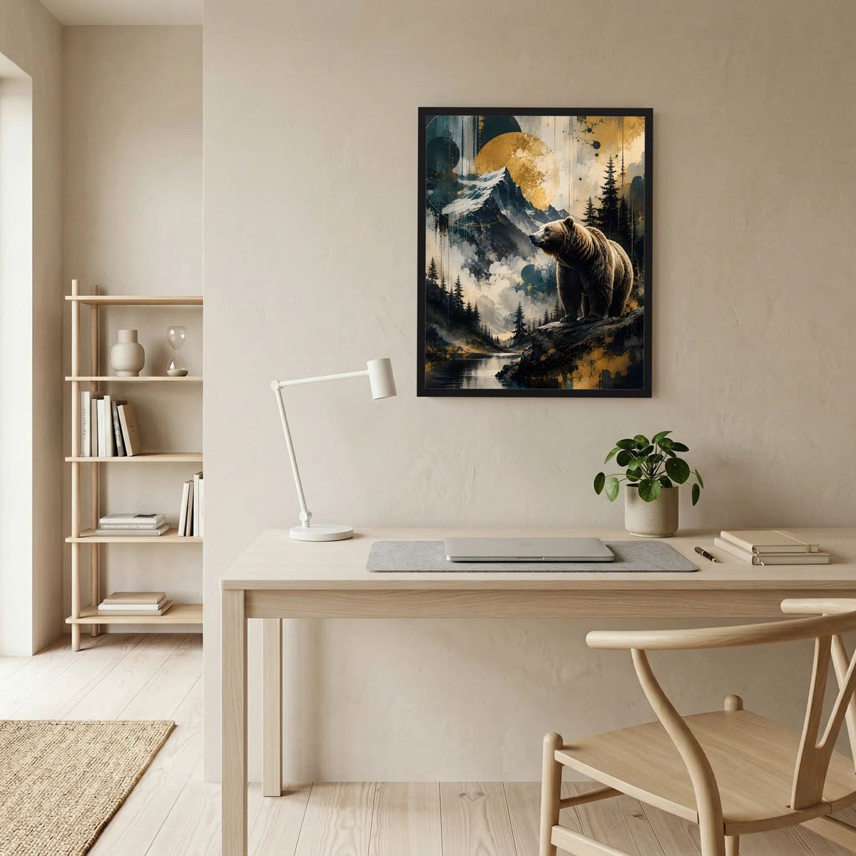Wandposter mit Braunbär auf Felsvorsprung in Berglandschaft, schwarz gerahmt