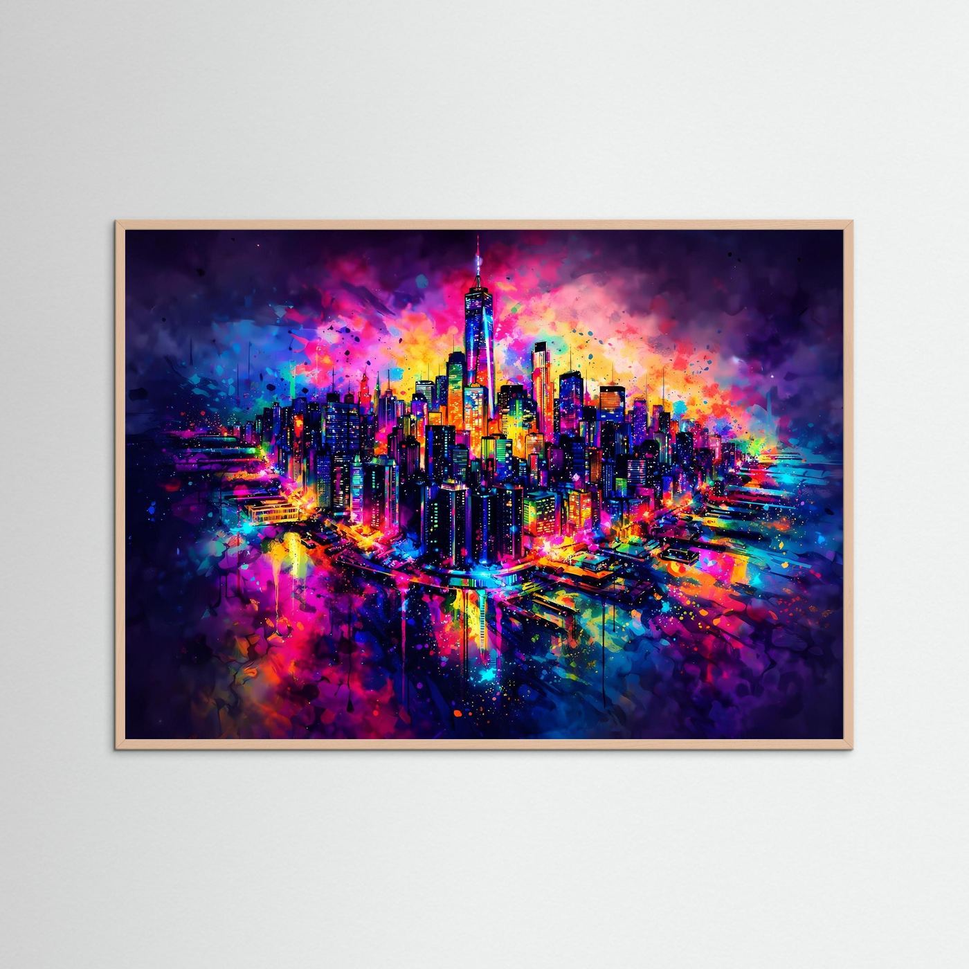 Abstrakte Manhattan Skyline & One World Trade Center | Neon Pop Art Wanddeko Querformat