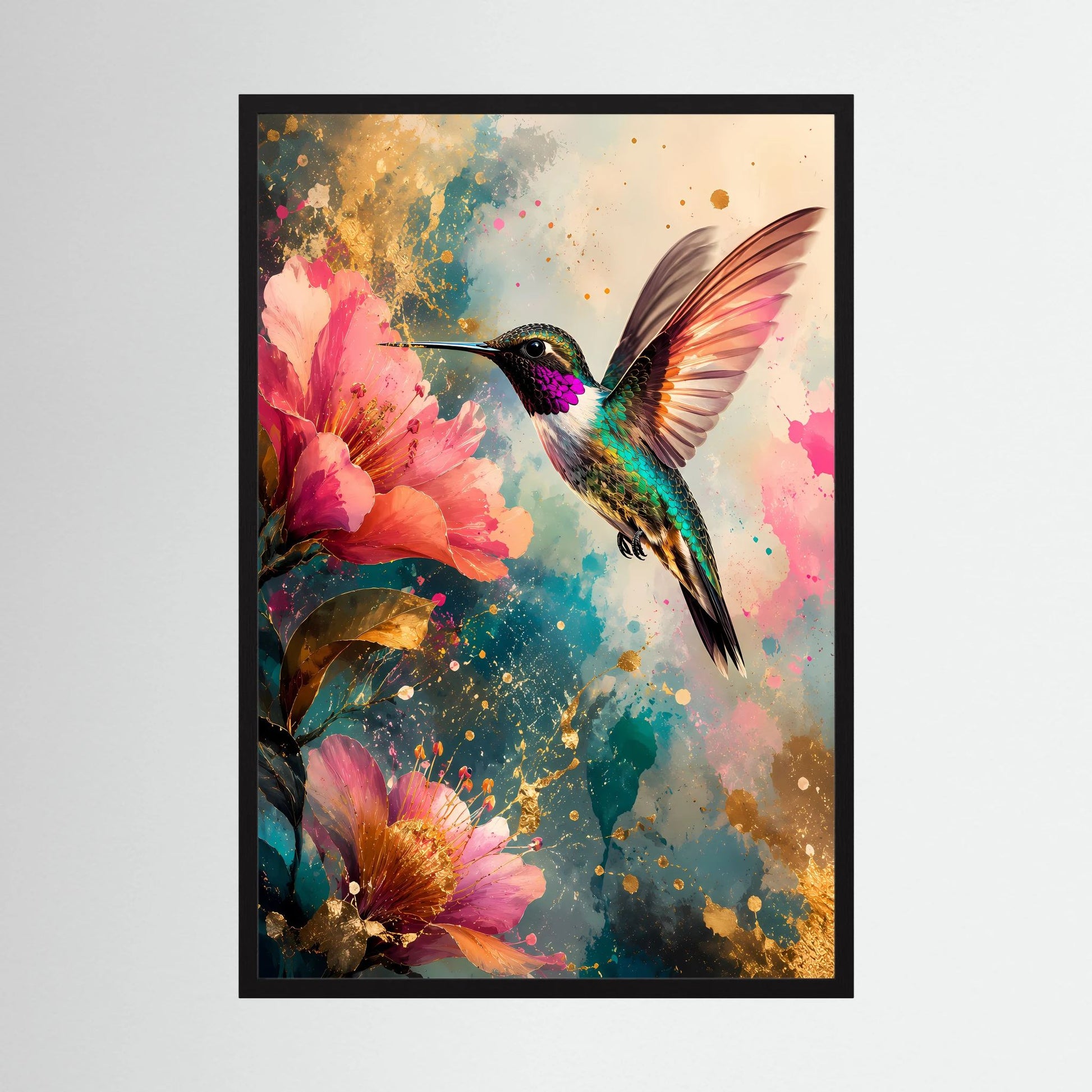 Kunstposter im Hochformat mit Kolibri und rosa Blüten im Aquarellstil, Goldsprenkel