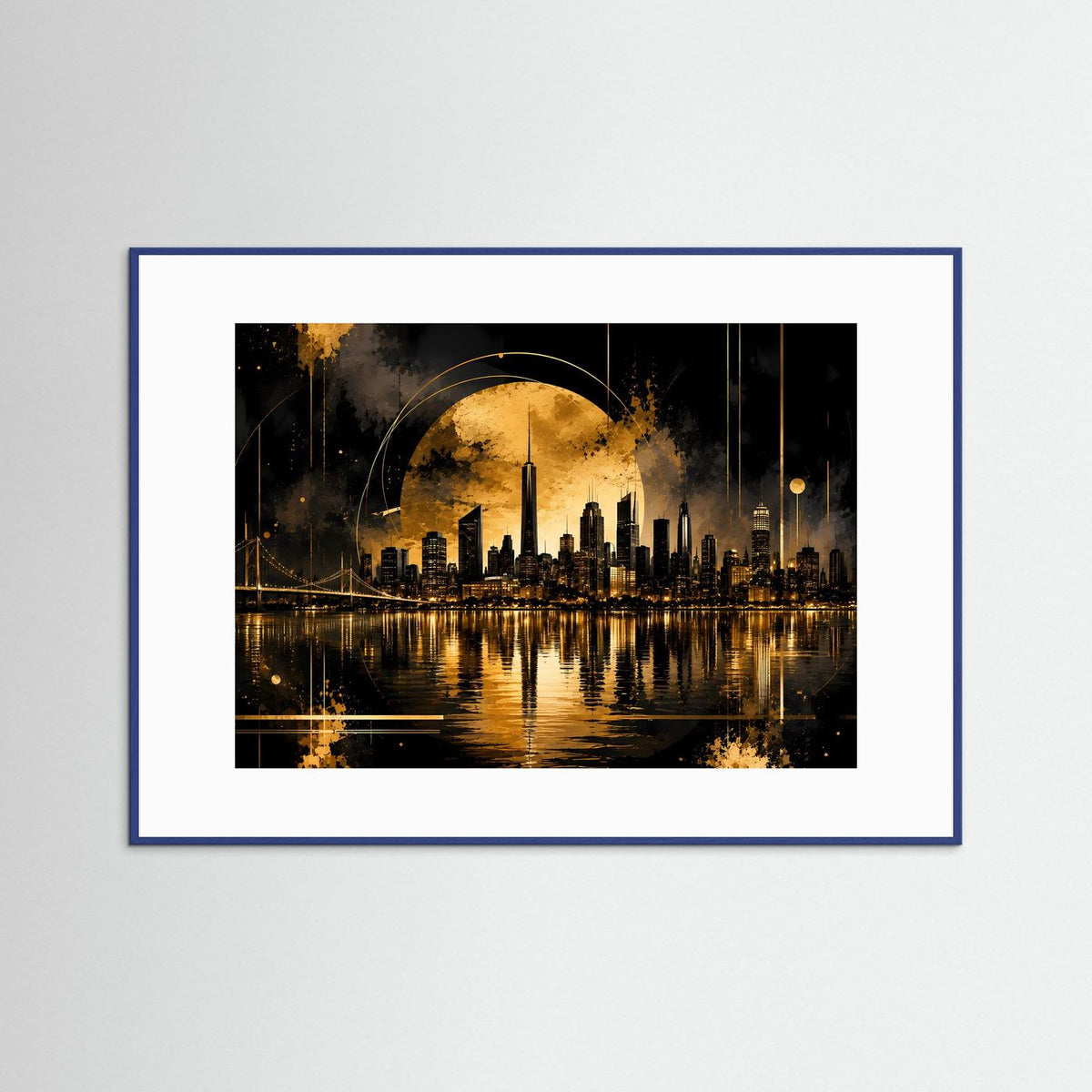 Querformat-Poster in blauem Rahmen mit goldener Skyline und Spiegelung bei Nacht