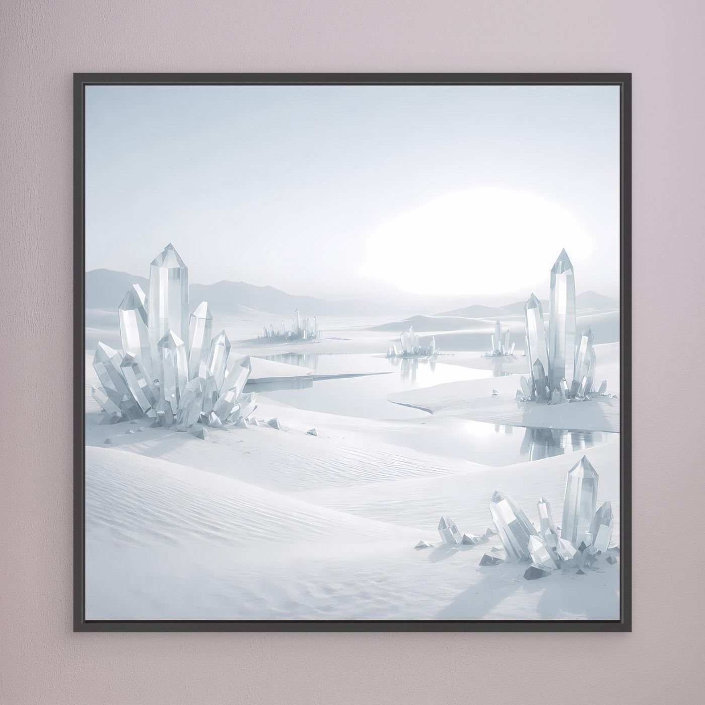 Leinwandbild mit schwarzem Rahmen: Eisberge zwischen verschneiten Wegen und spiegelndem Wasser.