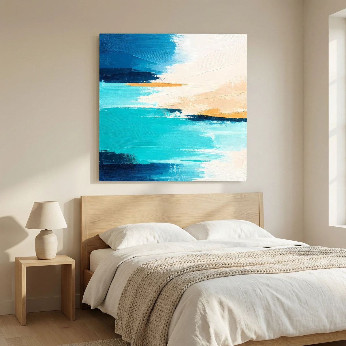 Abstraktes Leinwand-Wandbild mit türkisblauen und beigen Flächen, quadratisch, helmer Rand