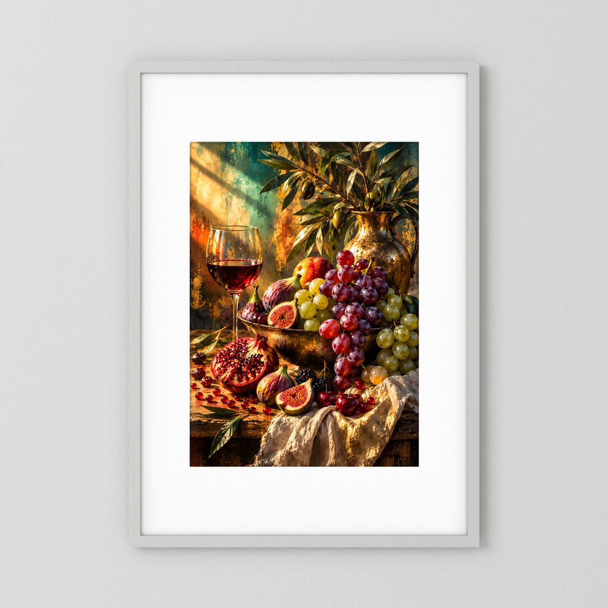 Hochformatiges Poster mit Stillleben: Wein im Glas, Trauben, Feigen und Granatapfel