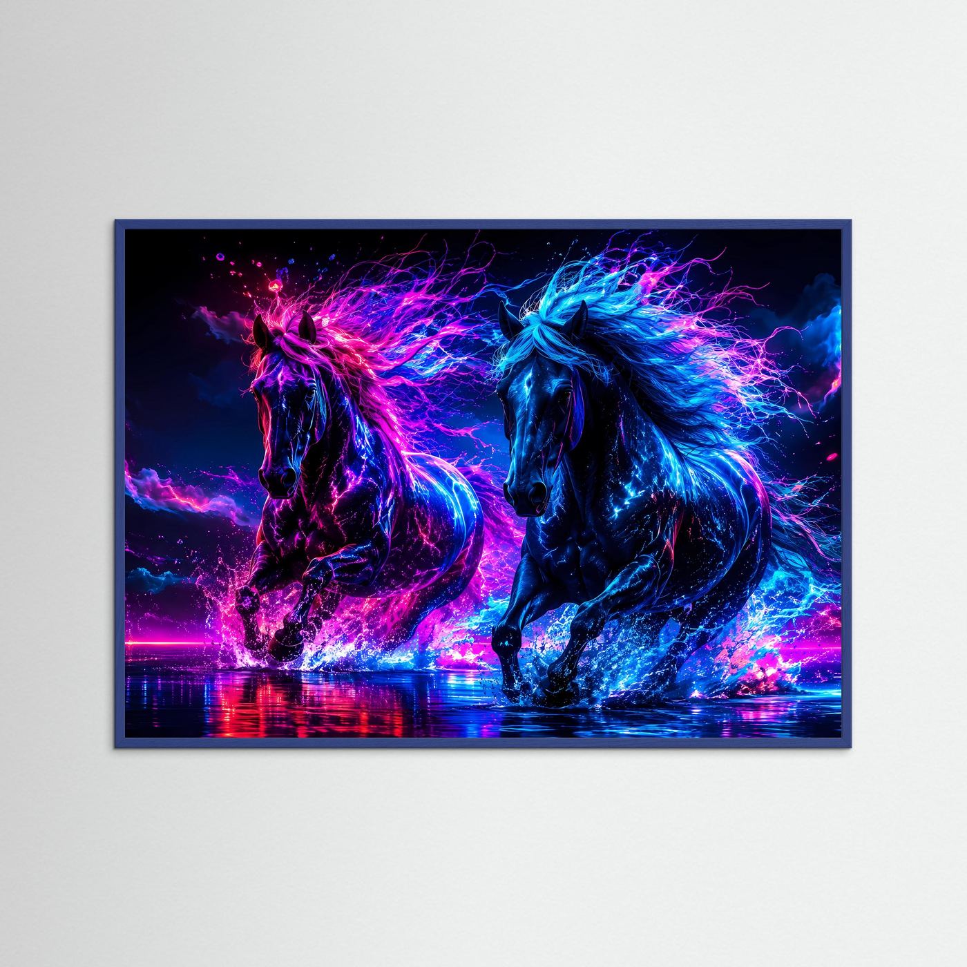 Neon Pferde Poster Querformat | Futuristische Pferde Wandkunst in Pink & Blau | Modernes Cyberpunk Wandbild