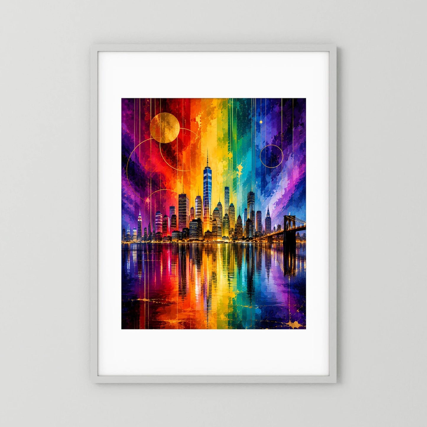 City-Poster mit Regenbogen-Skyline, weißer Rahmen, leuchtende Reflexionen