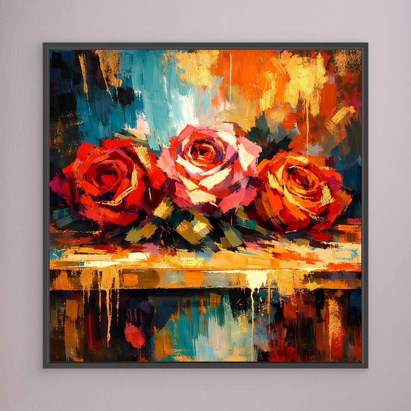 Leinwandbild mit abstrakten Rosen in kräftigen Farben, dunkel gerahmt.