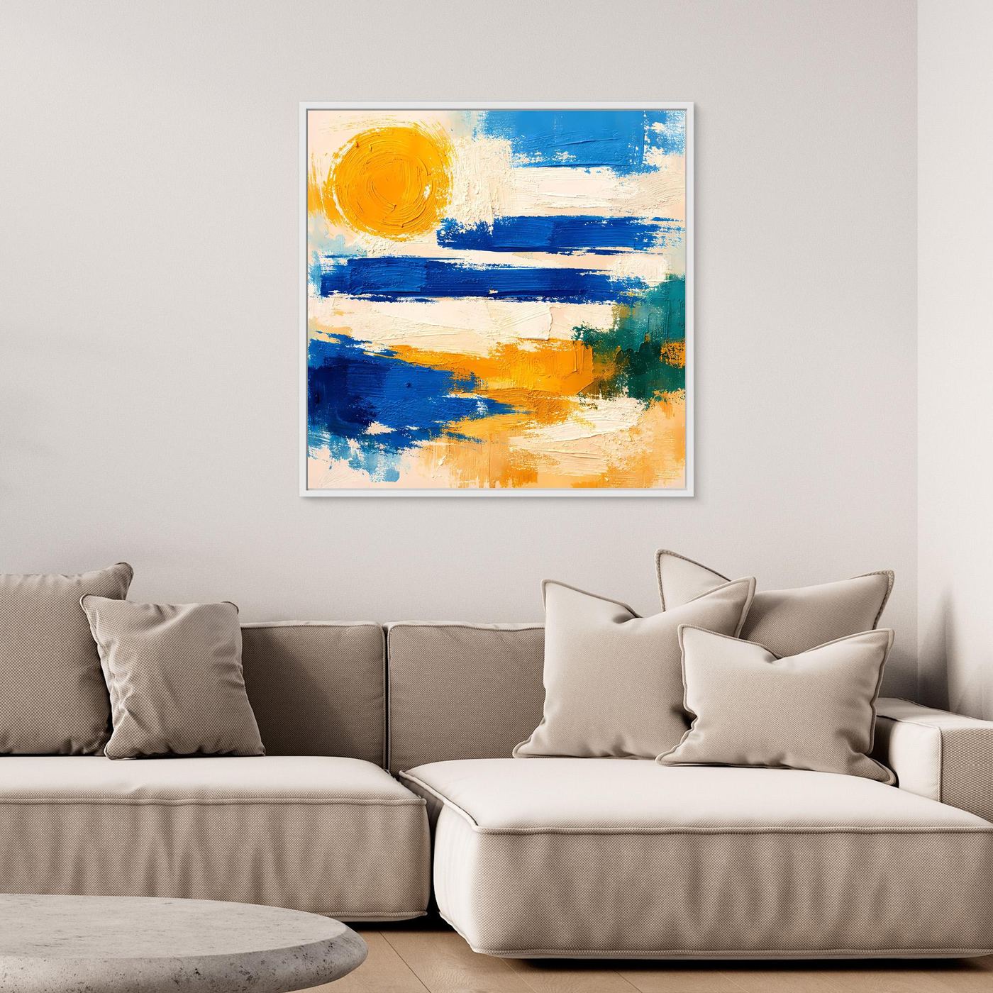 Abstract seascape wall art with blue and yellow brushstrokes, white frame