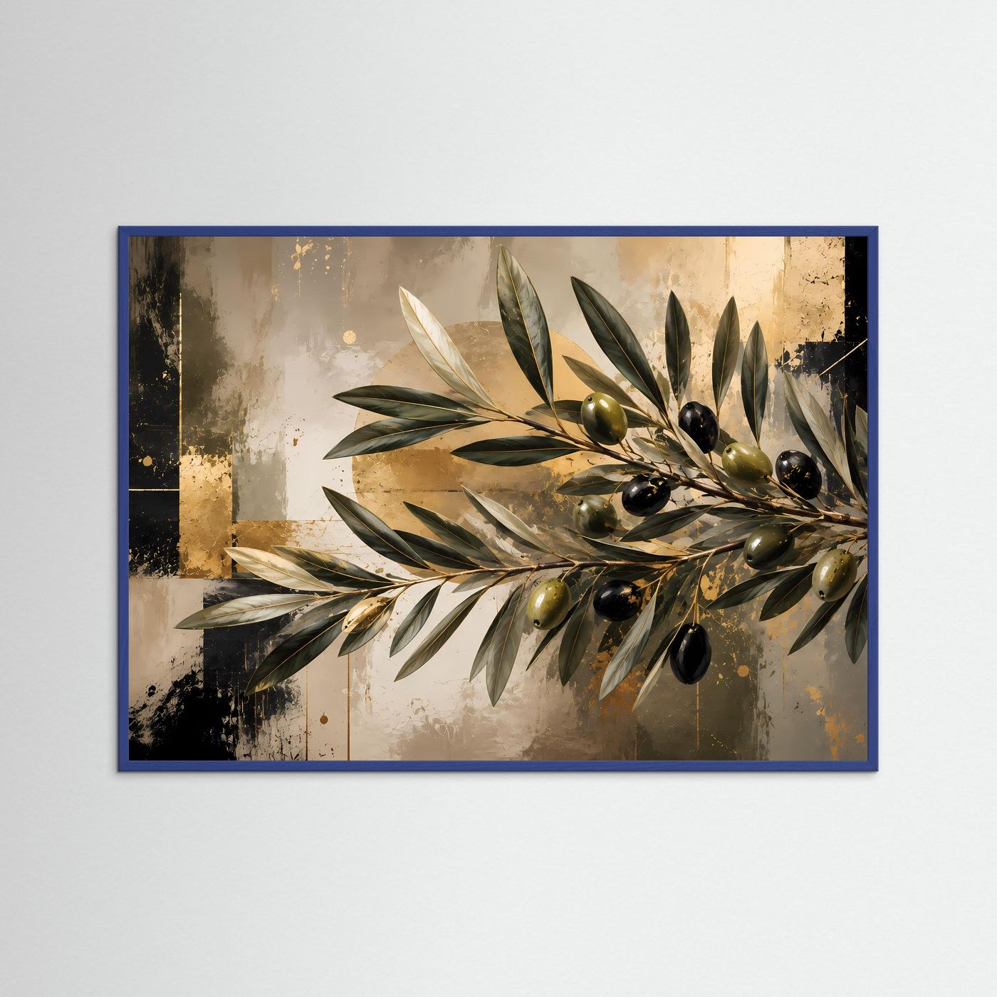 Querformat-Poster mit Olivenzweig und grünen sowie schwarzen Oliven in blauem Rahmen