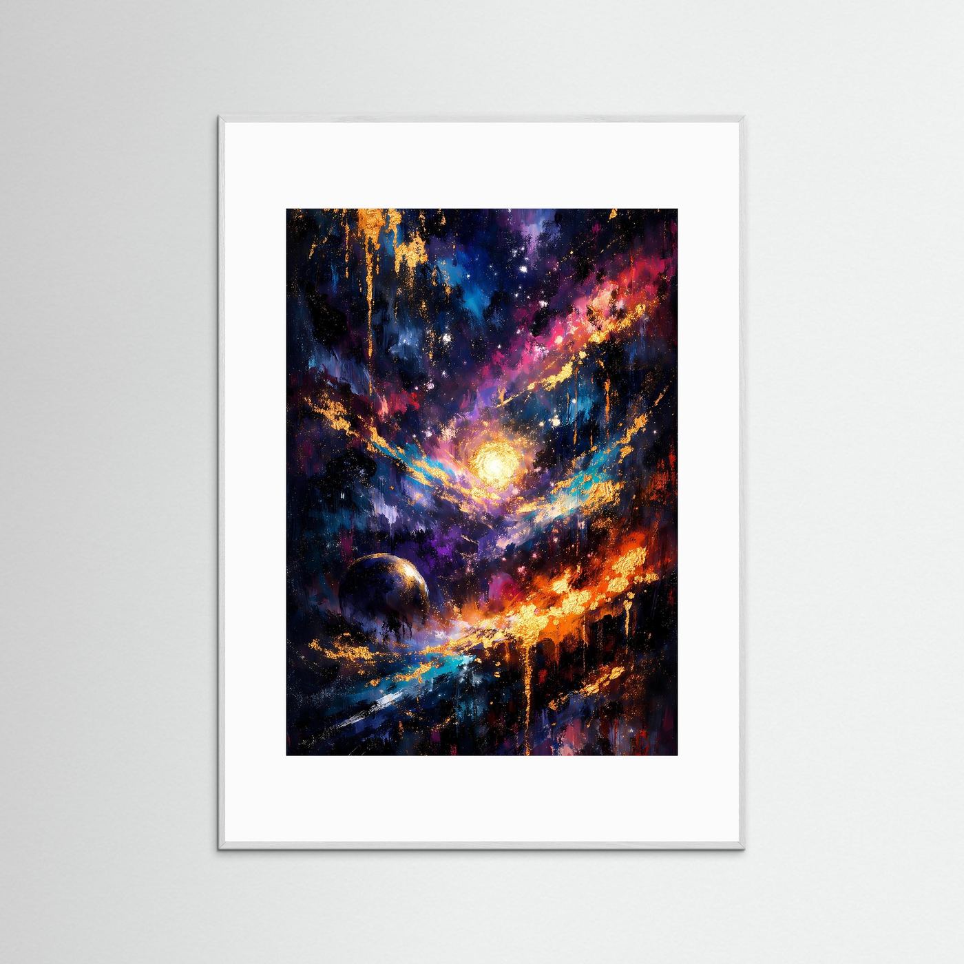 Hochformat-Weltallposter mit silbergrauem Holzrahmen und weißem Passepartout, abstrakte Galaxie