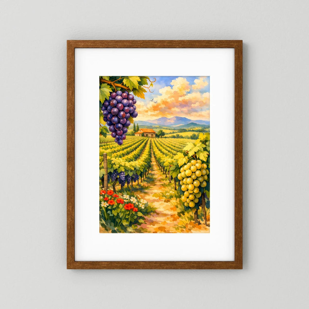 Hochformat-Wandbild Weinberge mit Trauben, brauner Holzrahmen