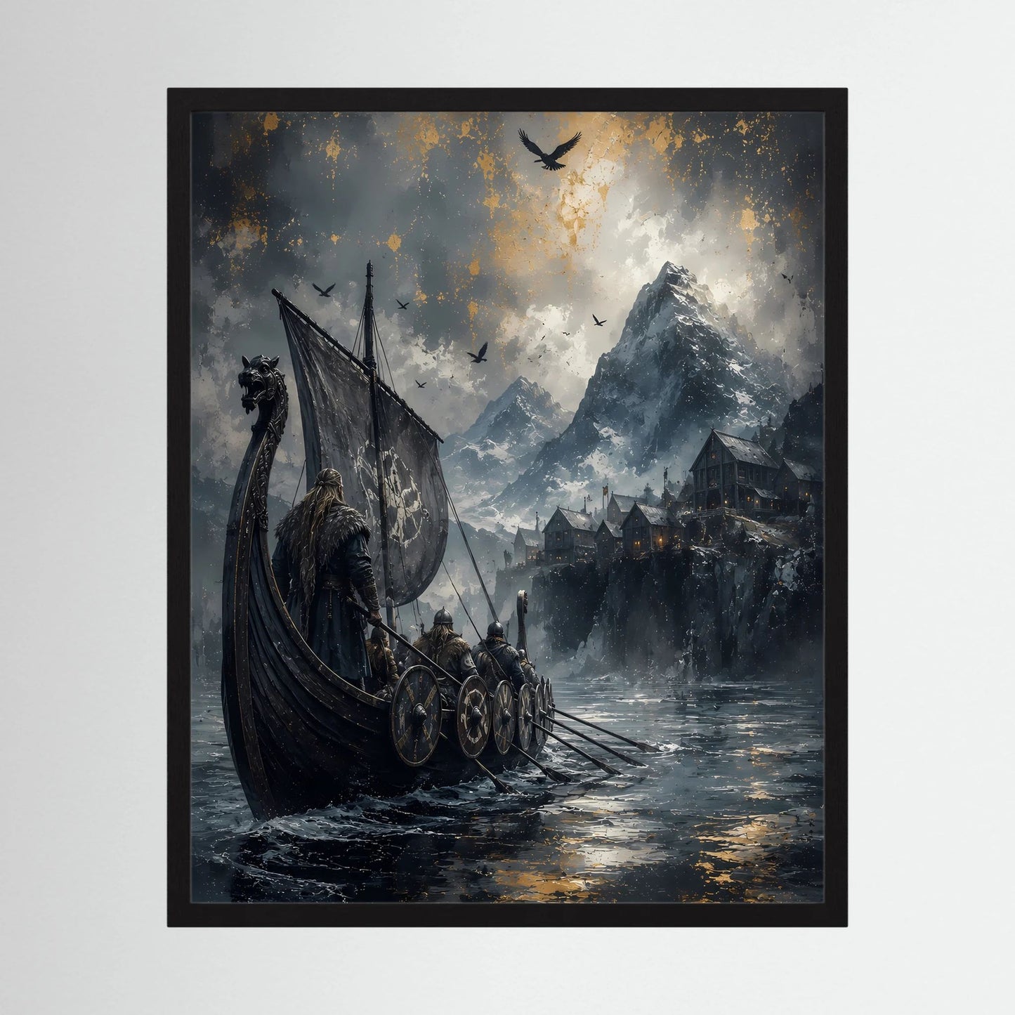 Gerahmtes Hochformat-Poster mit Wikingerboot auf Drachenboot vor Berglandschaft, dunkle See