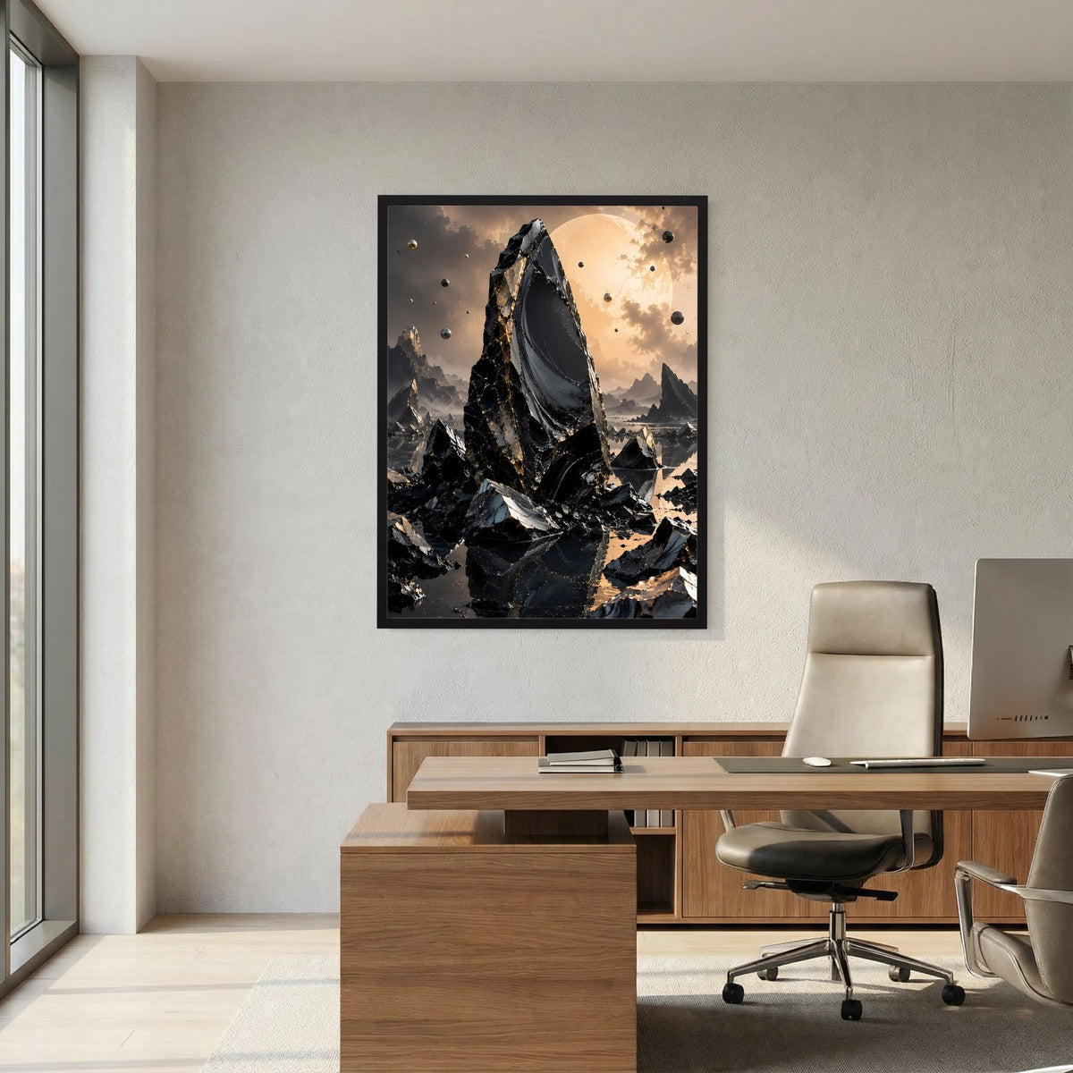 Gerahmtes Poster im Raum mit schwarzer Gebirgslandschaft und warmen Goldreflexen