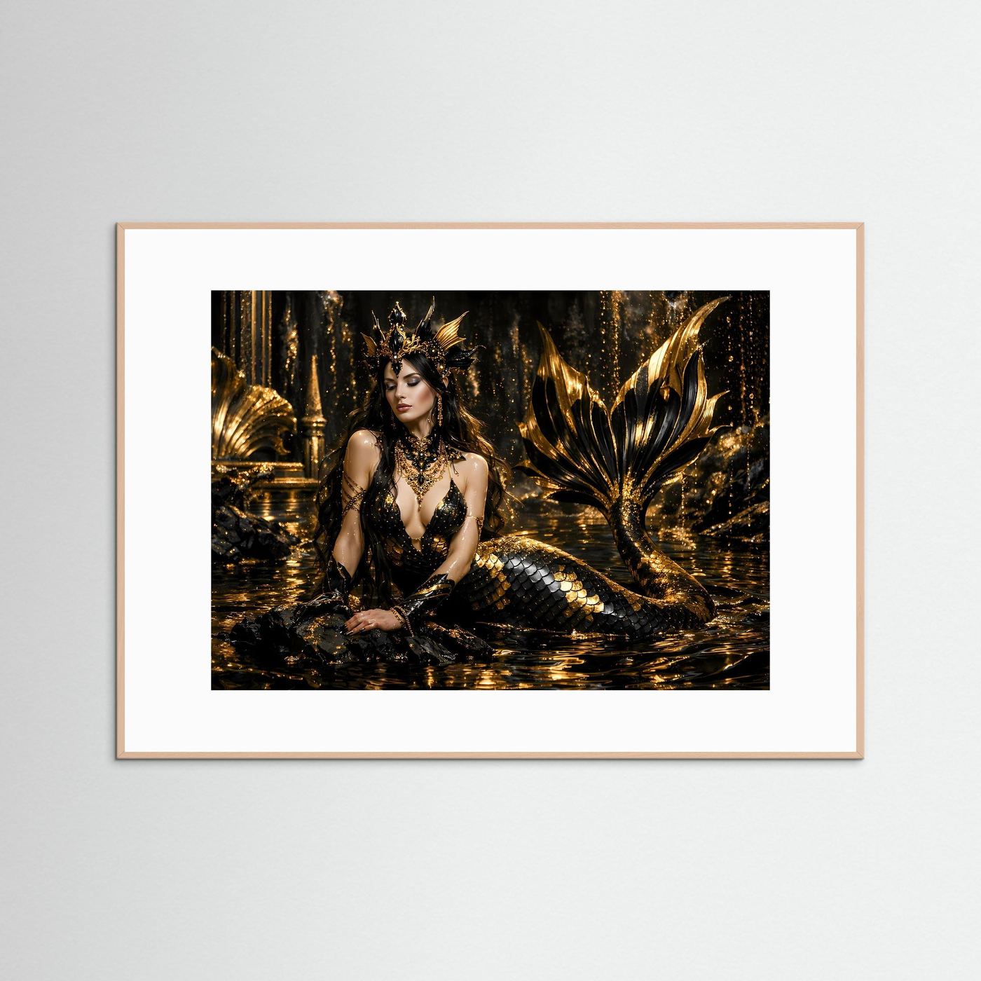 Goldene Meerjungfrau in Schwarz & Gold | Mystisches Fantasy Wandbild Querformat