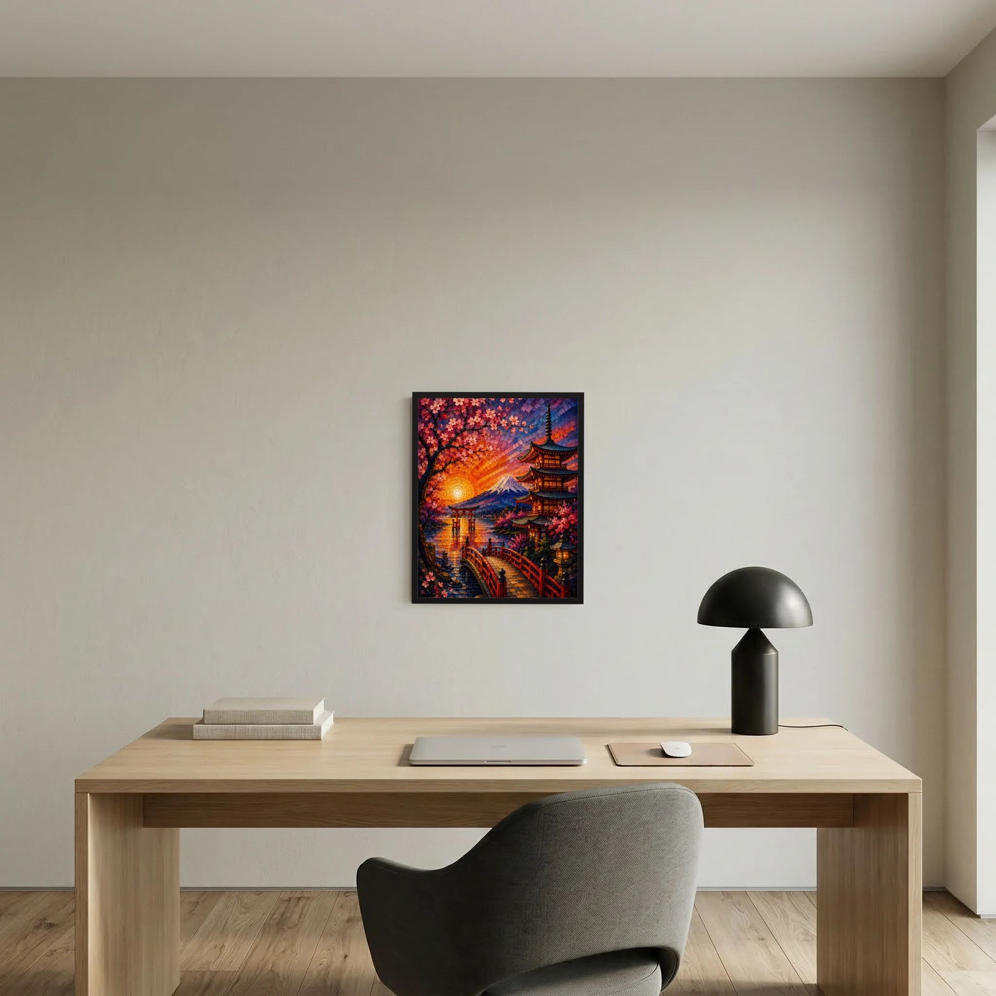 Hochformatposter im schwarzen Rahmen mit Kirschblüten, Pagode und Fuji bei Sonnenuntergang