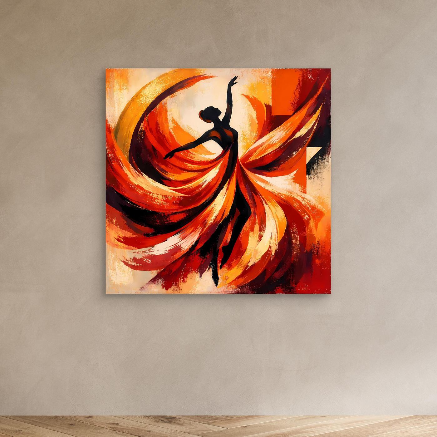 Leinwandbild mit abstrakter Ballerina-Silhouette und feurigen Rot-Orange-Wirbeln, ohne Rahmen