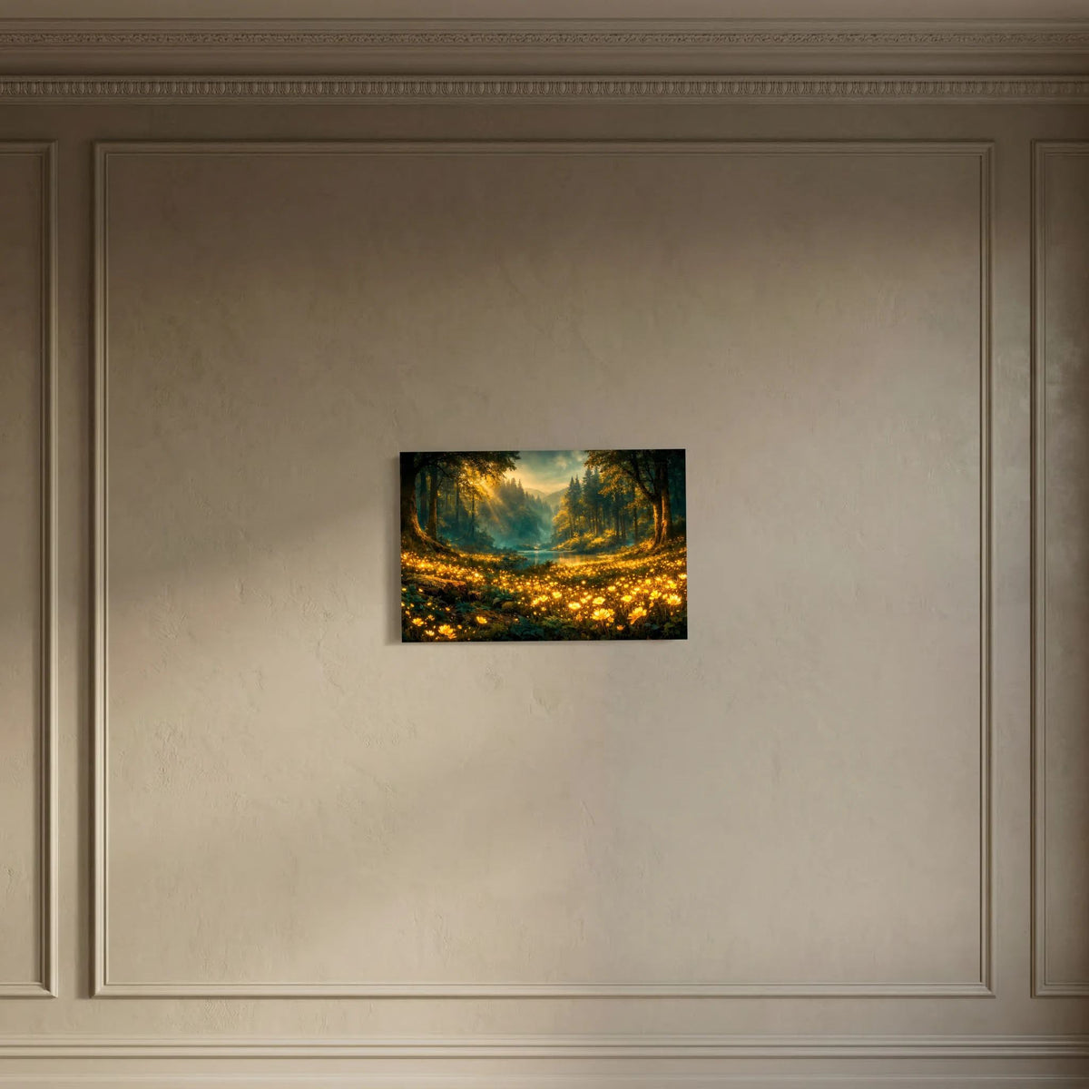 Wandbild im Querformat: goldenes Waldtal im Morgenlicht mit Fluss und leuchtenden Blüten