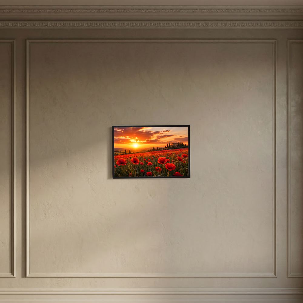 Kleines Poster im schwarzen Rahmen mit roten Mohnblumen und Sonnenuntergang