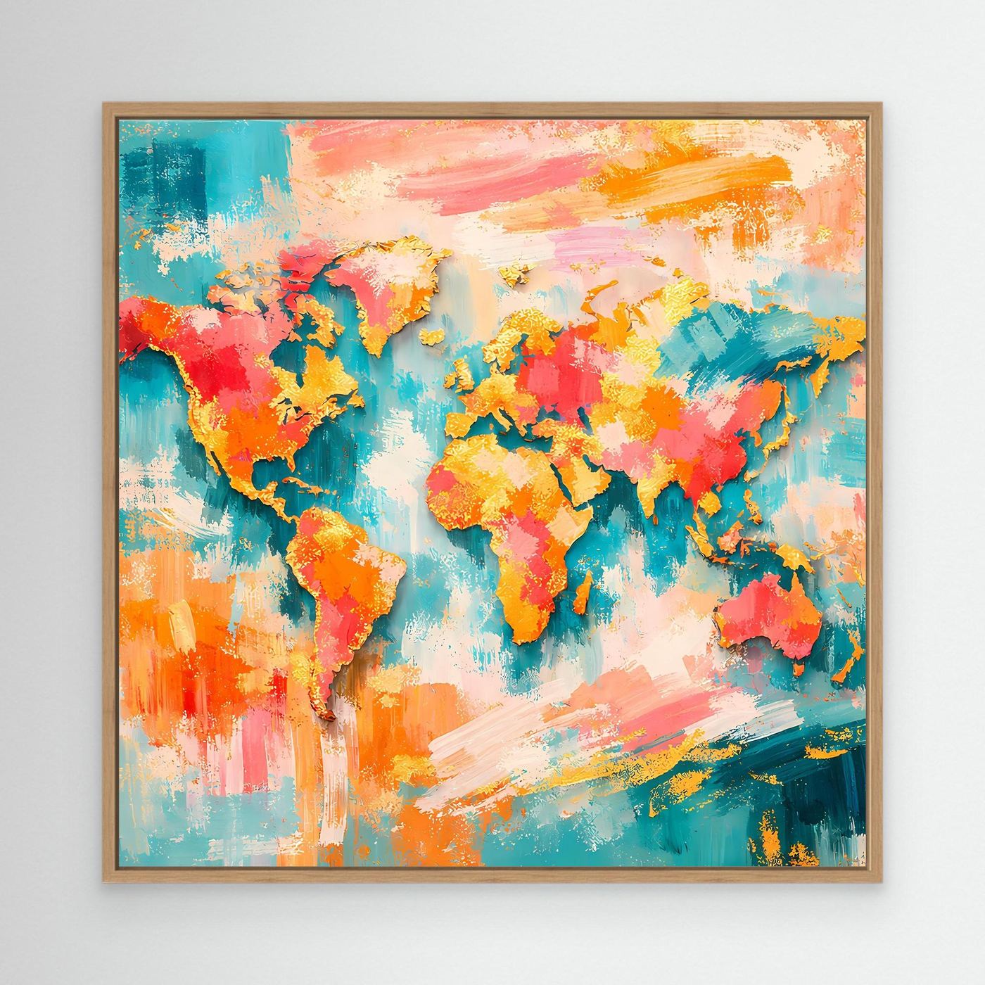 Abstrakte Weltkarte auf Leinwand mit Holzrahmen, buntes Acryl-Map-Motiv