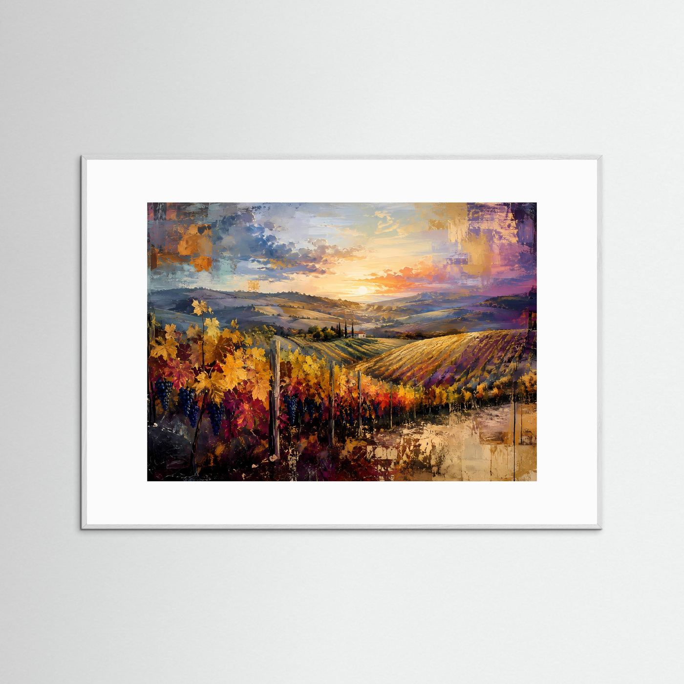 Toskanische Weinberge im goldenen Abendlicht | Abstrakte Weinlandschaft Panorama Poster Querformat