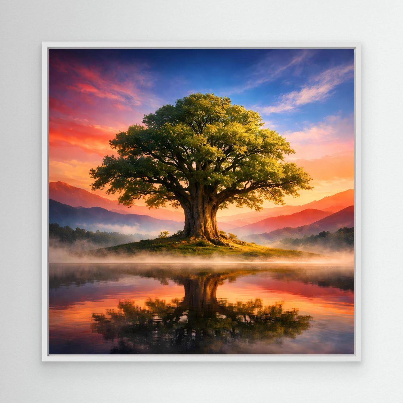 Leinwandbild mit Baum bei Sonnenaufgang und Spiegelung im Wasser
