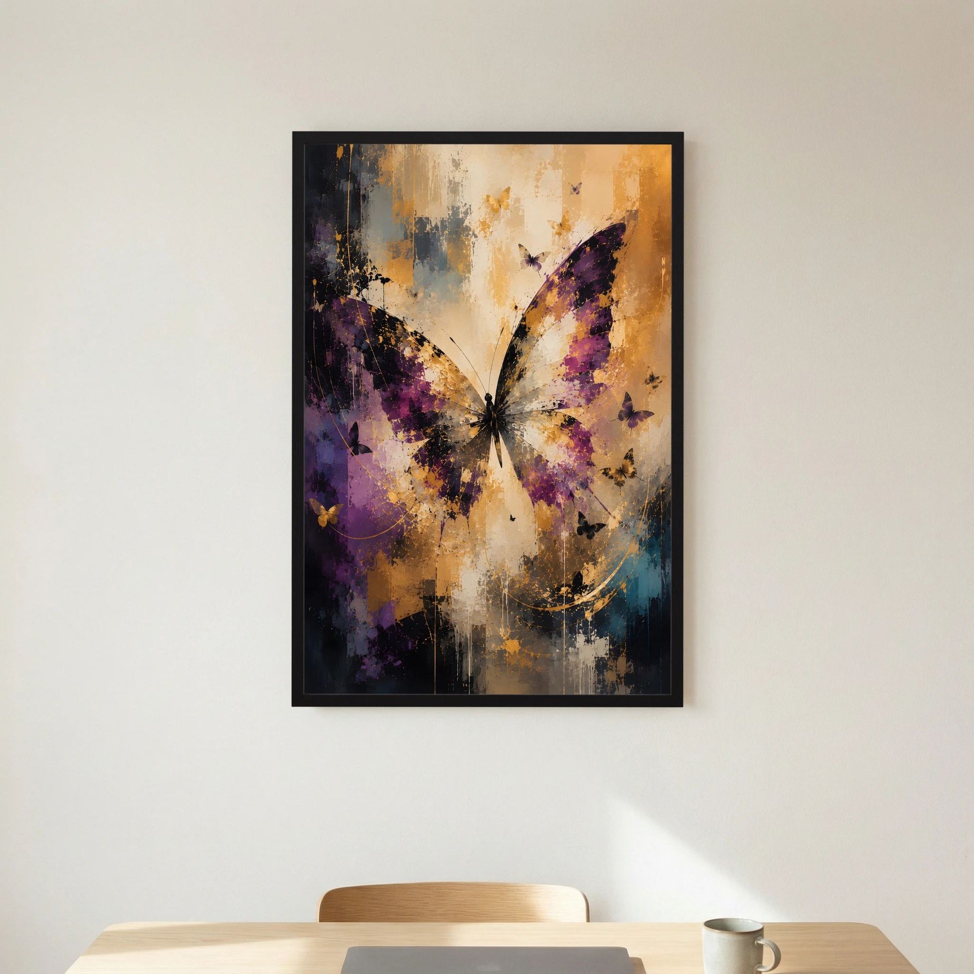 Abstraktes Schmetterlings-Kunstposter im Hochformat, Violett-Creme-Gold, schwarzer Rahmen