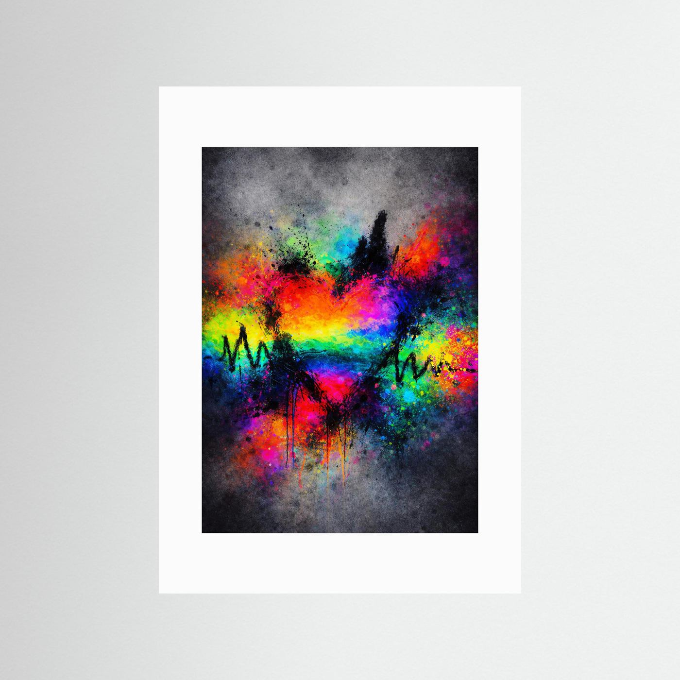 Abstraktes Poster mit Regenbogen-Herz und EKG-Linie mit weißem Rand