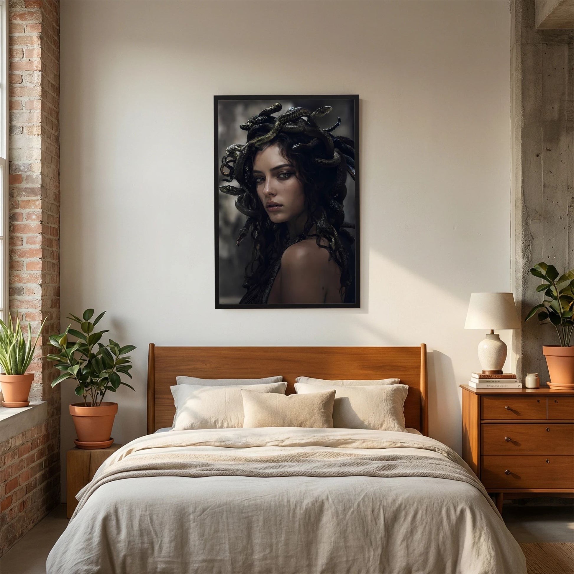 Gerahmtes Hochformat-Poster mit Medusen-Frauenporträt und schwarzen Schlangen im schwarzen Rahmen