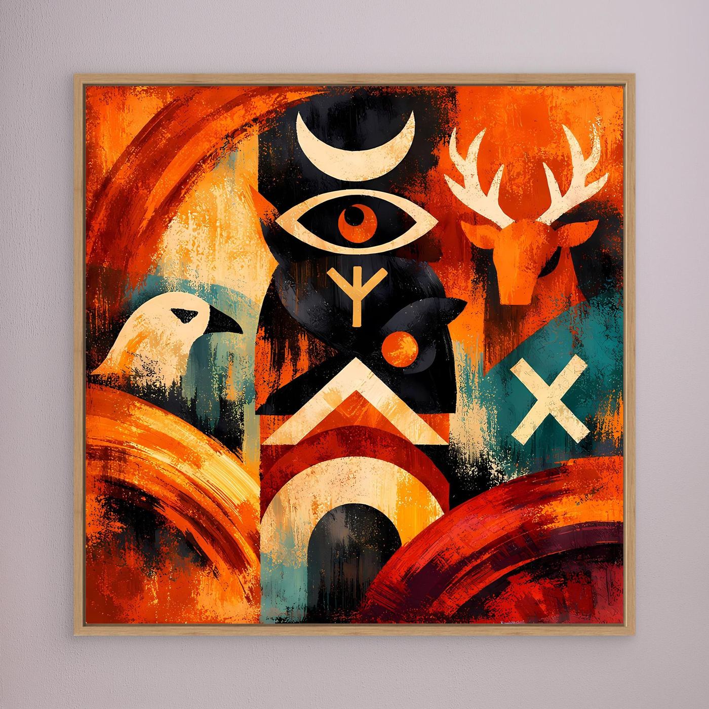 Leinwandbild mit Totem-Symbolen und Runen, warmes Orange-Rot, im Holzrahmen