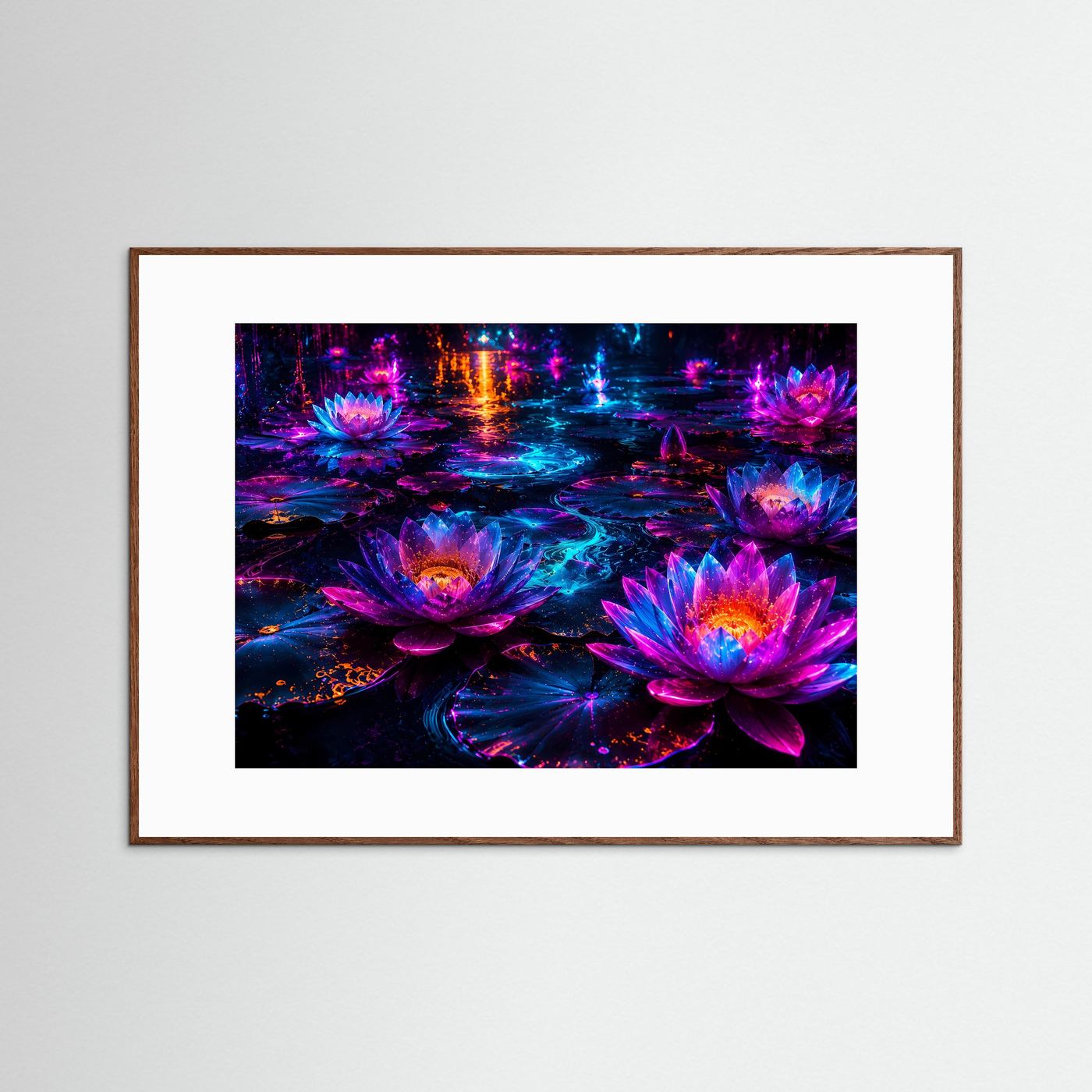 Lotusblüten Neon Poster Querformat | Leuchtende Seerosen Fantasy Wandkunst | Abstrakte Moderne Kunst